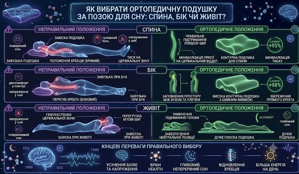 Як вибрати ортопедичну подушку за позою для сну: спина, бік чи живіт?