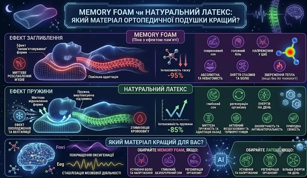 Memory Foam чи натуральний латекс: який матеріал ортопедичної подушки кращий?